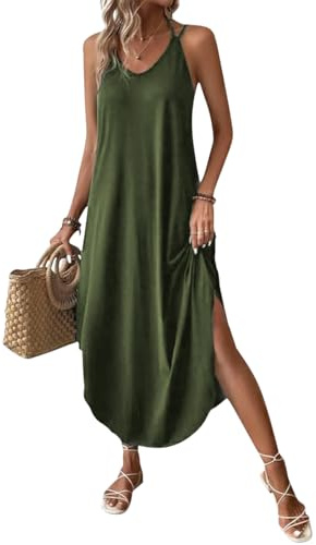 Chicrise Sommerkleid Damen Lang V Ausschnitt Maxikleid Armellose A Linien Spaghetti Trägerkleid Sommer mit Schlitz Grün X Groß 46-48