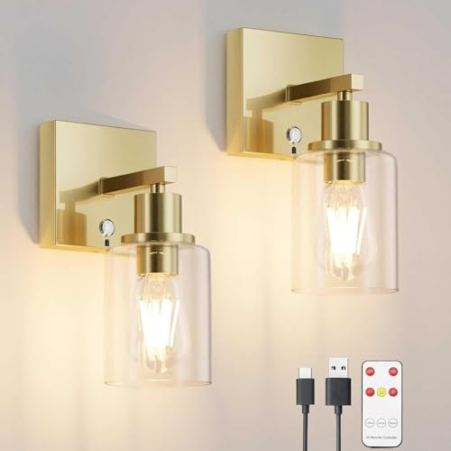 Klighten 6000 mAh Lampada da parete Senza Fili con Telecomando, Applique da Parete Interno Batteria Operata 2PCS,lampada da parete ricaricabile 3000K bianco caldo, con lampadina, Oro