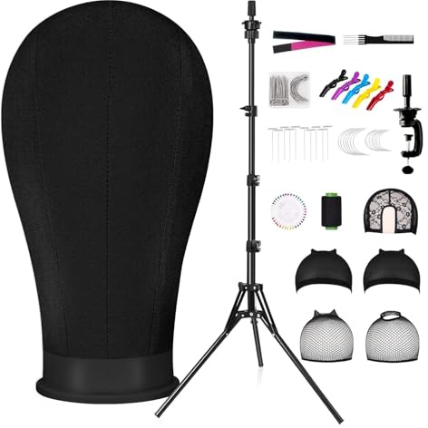 GHWMYD Cabeza Maniquí de 55,8 cm/22 con 160cm Soporte para Pelucas Peinar | Negro Cabeza de Peluca para Confección de Pelucas, Exhibición, Peluquería con Abrazadera de Mesa,T-Pins, Gorro de Peluca