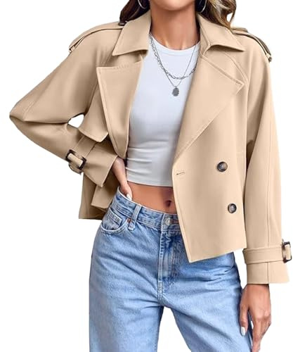 Trench-coat court croisé pour femme, revers crantés, manches raglan, vestes de travail courtes, vêtements d'extérieur avec poches, automne