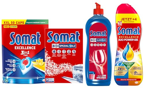 SOMAT Lemon Excellence Spülmaschinen Set – 3in1 Caps 50 Stück 905 g + Duo Power Gel 992 ml + 5in1 Spezial-Salz 1,2 kg + Klarspüler 750 ml für strahlend sauberes Geschirr