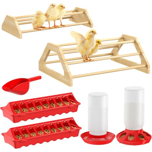 Pawaboo 7-in-1 Chicken Brooder Box for Chick Starter Kit, Includes Chicks Perches, Chicken Feeders, Chick Waterers, Chickens Feeding Spoon, Chicks Supplies (Brooder Set), Red + Wood Color