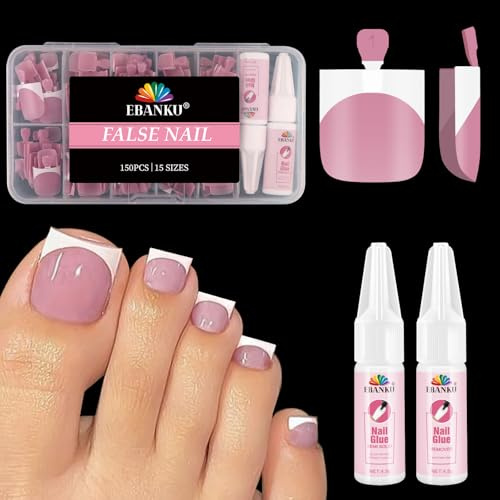 EBANKU 150PCS French Tip Toe Press on Nails, Square Pre-Designed Soft Gel Thick False Toenail Extension, Peach Acrylic Full Cover Fake Toenails with Glue & Remover for Women Home DIY