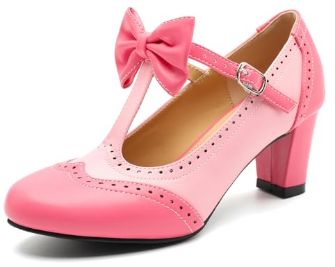Rjclyh Women's T-Strap Mary Jane Pumps-Low Block Chunky Bow Heels-Retro Closed Toe Ankle Strap Dress Shoes for Wedding, Lolita, Office & Daily Wear Pink US 9.5
