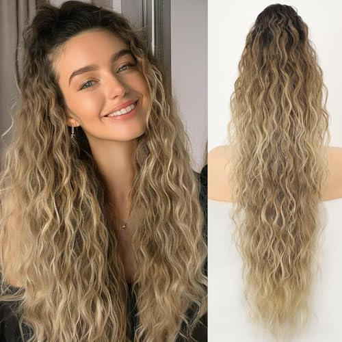 Silk Aura 2-in-1 Pferdeschwanzverlängerung mit Klauen Clip & Kordelzug, Natürlich Lang Water Wave Wellig Ponytail Extension Haarteil (T4/12/613# Dunkelbraun, Mittel Kastanienbraun & Blond Gemischt)