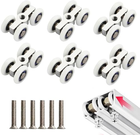 6 Stück Rollen für Schiebetürrollen, mit M6-Gewinde, Ø 20 mm, Leise Laufrollen Schiebetür mit 4 Rädern, Laufwagen Schiebetür aus Zinklegierung, Duschrollensystem Geeignet für Duschtüren und Fenster