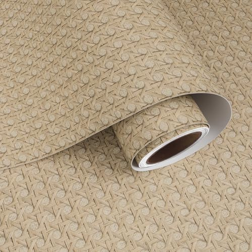 VaryPaper Papier Peint Effet Rotin Marron Clair 40cmx200cm Film Adhesif pour Meuble Vintage Papier Peint Imitation Osier Salon Chambre Revêtement Plan de Travail Stickers Porte Placard Armoire Table