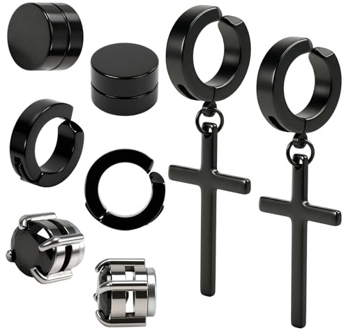 4 Pairs Magnetic Stud Earrings Stainless Steel Magnetic Earrings Non Piercing Cross Fake Earrings, Clip on Earring Magnet Earring for Men,Women,Kids,4 Styles