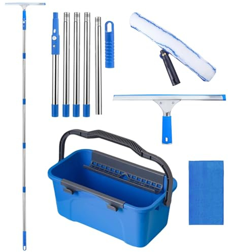 6.56ft (2m) Professional Window Cleaning Equipment Kit with 12L Bucket | Window Washing Kit with 14 Squeegee,Rotatable T-Head,Cloth,Extendable Long Cleaning Pole for Home,Outdoor,Hig,Car,Panel Use
