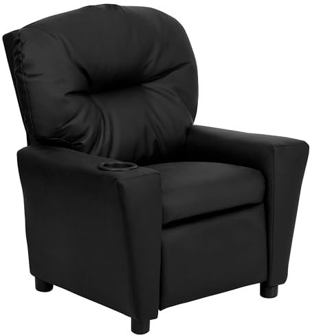 Flash Furniture Contemporary Kids Recliner with Cup Holder, Leather, Black LeatherSoft, Set of 1