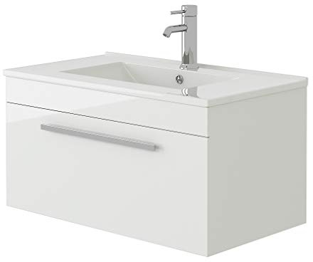 VeeBath Venus 700 Wall Hung Vanity Unit, Slim Wash Basin Bathroom Sink, Soft Close Door, Cloakroom Wall Mounted Storage Cabinet- White (Flat Pack)