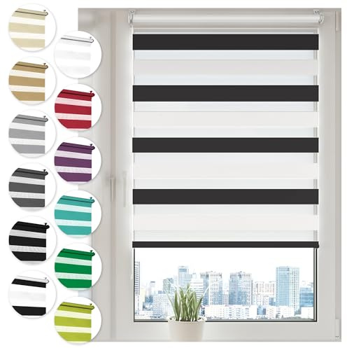 Doppelrollo Klemmfix ohne Bohren 35cm x 130cm Schwarz/Weiß Duo Rollo Klemmrollo Sonnenschutzrollo Fensterrollo für Fenster & Türen Zebrarollo Seitenzugrollo