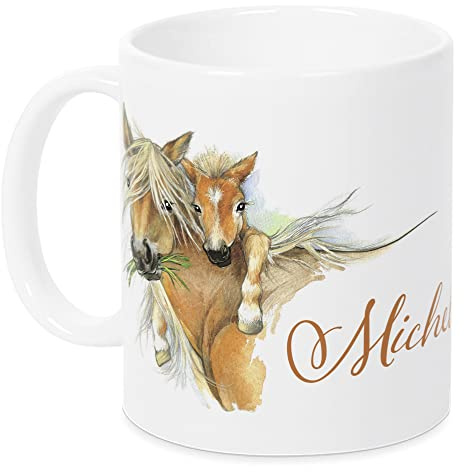 GRAZDesign Tasse Pferd mit Namen - Pferd und Fohlen - Pferdetasse für Mädchen - Pferdeliebhaber - zum Geburtstag Taufe Schulanfang, Kindertasse Keramik 330ml - Pferd mit Fohlen
