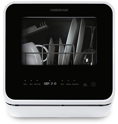 Farberware FDW05ASBWHA Compact Portable Countertop Dishwasher with 5-Liter Built-in Water Tank, 5 Programs, Baby Care, Glass & Fruit Wash, White