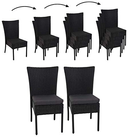 Mendler 2er-Set Poly-Rattan Stuhl HWC-G19 - schwarz, Kissen dunkelgrau | Balkonstuhl, Gartenstuhl, stapelbar