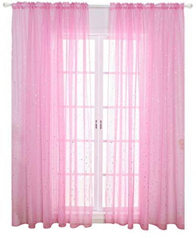 Veemoon 1PC Voile Fenêtre Rideau Romantique Argent Étoile Feuille Traitement de Fenêtre Paillettes Étoiles Rideaux Panneau pour Fille Enfants Chambre Salon- 100 * 200 Cm (Rose)
