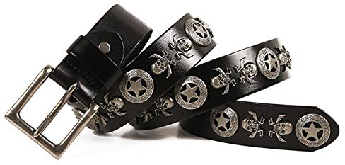 Nietengürtel Punk Gothic Modisch Totenkopf und Sterne Nieten Ösen Echtleder Gürtel Damen Taillengürtel Jeansgürtel Unisex,Schwarz,110cm(36~38)