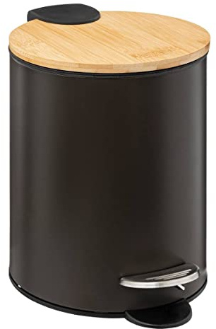 5Five - Basurero de baño - Negro - Color Moderno - Tapa de bambú - Cubo extraíble y asa Trasera