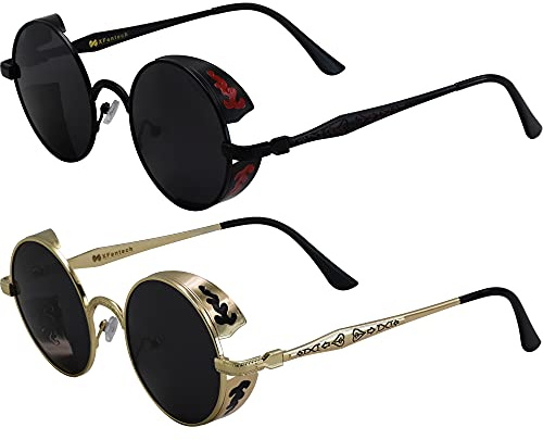 XFentech 2 Piezas Steampunk Gafas de Sol - Polarizadas Retro Gafas Redondas Gafas de Sol UV400 Protección Eyewear para Hombres y Mujeres