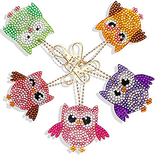 YICHEN 5 Stücke 5D DIY Diamant Malerei Schlüsselanhänger Eule Schlüsselring DIY Diamant Malerei Schlüsselbund 5D Full Drill Diamond Painting Keychain Tasche Anhänger Geschenk