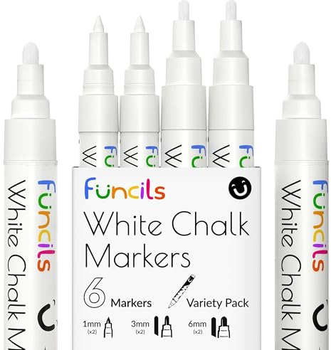 Funcils Kreidestifte - weiß - 6 Kreide Markers Multipack - 1mm, 3mm, 6mm Spitze. Kreidestifte für Fenster, Tafel, Glas und mehr. Geeignet für Erwachsene, Künstler, Lehrer und Kinder.