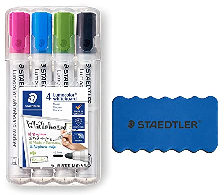 STAEDTLER whiteboard Marker Lumocolor, Linienbreite 2,00 mm, schnelltrocknend, geruchsarm, lange Lebensdauer, blockierte Spitze, 4 whiteboard Marker in aufstellbarer STAEDTLER box (4 Marker + Löscher)