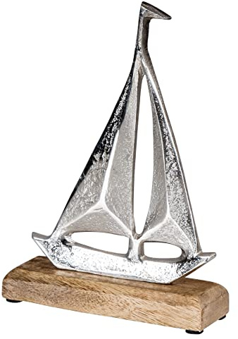 levandeo Segelboot H21cm Metall Mango Holz Silber Natur Maritime Deko Boot Schiff Meer Küstendeko Aufsteller Tischdeko