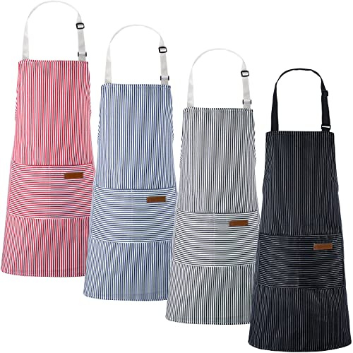Handepo 4 Pcs Kitchen Aprons with Pockets Adjustable Waterproof Cotton Aprons Striped Apron for Women Men Chef Baking Cooking(Narrow Stripes,Black, Pink, Gray, Blue)