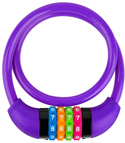 GOLDPOOL Cykellås, barn, färgglatt kombinationslås, cykel, violett, cykellås med siffror 650 x 11 mm, kabellås, kodkombination, barncykellås, 4-siffrig återställbar kombination
