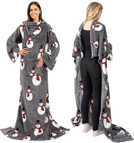 PAVILIA Coperta indossabile con maniche per adulti, donne e uomini, in caldo pile avvolgente con braccia, regalo per Natale, moglie, Snowman Grigio, Fleece
