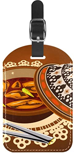 Étiquettes de sac de voyage en cuir PU - Étiquettes personnalisées pour valise - Motif Sambal - Poulet tajine servi avec pot à olives