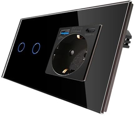 CNBINGO Interrupteur Tactile et Prise Schuko Avec Charge Rapide USB (Type C+A) - Prise USB Encastrée - Interrupteur Mural en Verre Double Avec LED d'État