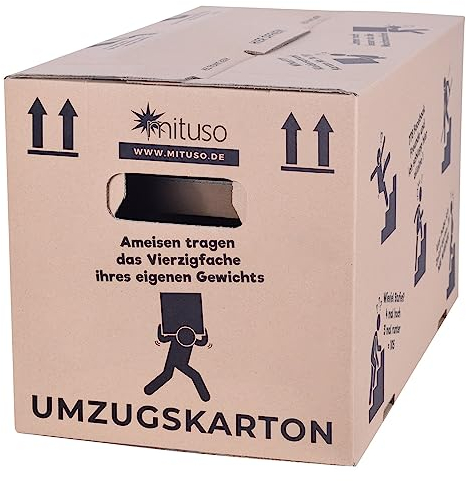 Umzugskartons 10 Stück 2‑wellig, extra stabil bis 40 kg, 600 x 330 x 350 mm, recycelte Pappe, schnell aufbauend ohne Klebeband, moving boxes sowie archivbox mit verstärkten Tragegriffen | mituso