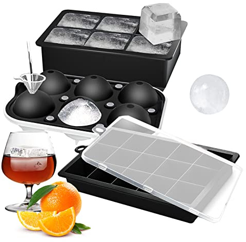 Moldes para cubitos de hielo, 3 cubiteras de silicona con tapa, que contienen moldes para cubitos de hielo cuadrados y redondos, sin BPA, adecuados para whisky helado, cócteles.