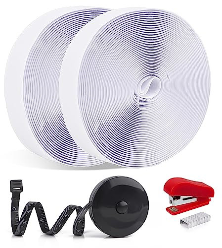 White Hook and Loop Tape, 8m x 20mm Self-Adhesive Strips with Tape Measure and Mini Stapler, Heavy Duty Stick On Tape - for Home Office Garden, Fly Screen Mesh Accessories