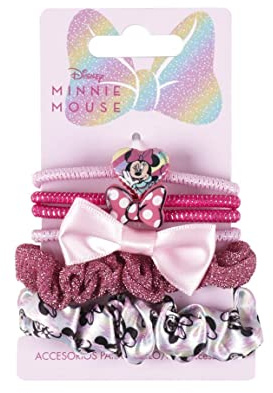 Disney Minnie Mouse Hair Ties and Hair Scrunchies Set for Girls and Women, Elastic Ponytail Holders with Bow Charm - 6 Pcs