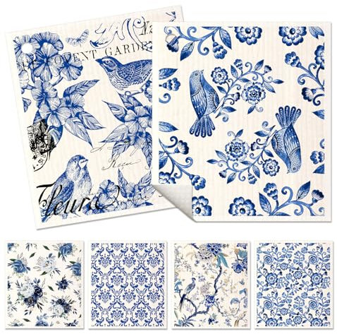 Miss Adola 6 Pack Swedish Dishcloths for Kitchen - Reusable Dish Cloths for Washing Dishes Absorbent Cute Funny Kitchen Towels Cleaning Sponge, Blue Floral
