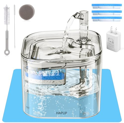 HAPUP Katzenbrunnen für Katzen Trinkbrunnen für Katze Ultraleiser Katzentrinkbrunnen Durchsichtiger Wasserbrunnen mit 2 Modus Aktivkohlefilter und Einstellbarer USB Wasserpumpe 2,2L