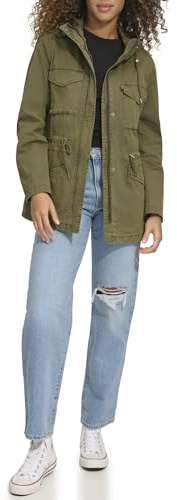Levi's Women's Four Pocket Hooded Military Jacket, Olive Cotton, L