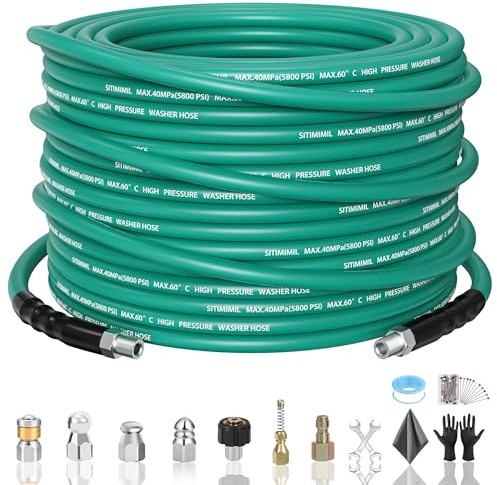 SITIMIMIL 50FT Sewer Jetter Kit for Pressure Washer,1/4‘’NPT Drain Cleaner Hose 5800PSI, with Adapter Corner Rotating Button Nose Sewer Jetting Nozzles Kit Pearl Corsage Pin Spanner Waterproof Tape