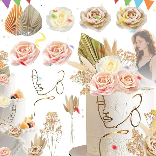 Aatpuss 19 Stück Boho Kuchendekorationsset, Tortendekoration Ladies Style, Blumen Kuchen Deko Bohemian, Acryl Minimalistische Kunst Lady Cake Topper, Böhmische Kuchendekoration für Party Geburtstag