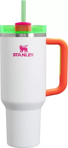 STANLEY Quencher H2.0 FlowState - Vaso aislado al vacío de acero inoxidable con tapa y popote para agua, té helado o café, 40 onzas (neón blanco)
