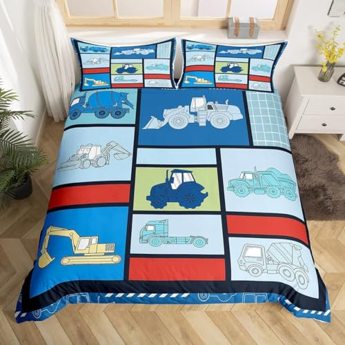 Sezhiqeu Bagger Für Kinder Bettwäsche 220x240, 3D Muster Weich Kuschelig Mikrofaser Bettwäsche Set Technik-Fahrzeuge Bettbezug + 2 Kissenbezug 80x80 cm mit Reißverschluss A5937