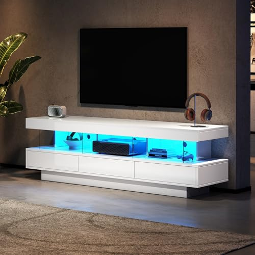BXEYXE 160 * 38 * 50.5cm weißer Hochglanz-TV-Schrank mit 3 Glasfächern, LED-Beleuchtung, App-Steuerung, Bluetooth-verbunden, für 70-Zoll-TV,Hochglanz mit Glas-TV-Ständer,Smart TV-Schrank