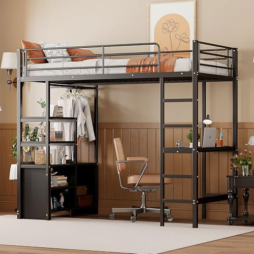 Idemon Hochbett, 90 * 200cm, Ohne Matratze, Bett mit Schreibtisch, Mit Steckdose und USB, Mehrere Regale, Offener Lagerschrank, Geländer, Leiter, Eisenrahmen (Schwarz)