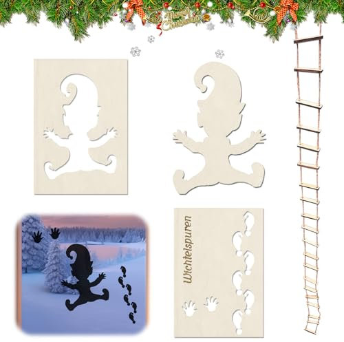 HIQE-FL Wichtel-Schablone: Fußabdrücke & Strickleiter, Weihnachtswichtel Elf, Fenster & Boden, für Wichtelstreich & Dekoration