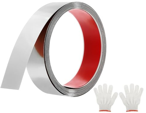 QUARKZMAN Moulures Décoratives Autocollantes en Acier Inoxydable, 5m X 4cm Argenté Garniture de Moulure Murale Autocollante avec Finition Miroir avec des Sacs et des Gants pour Mur, Sol