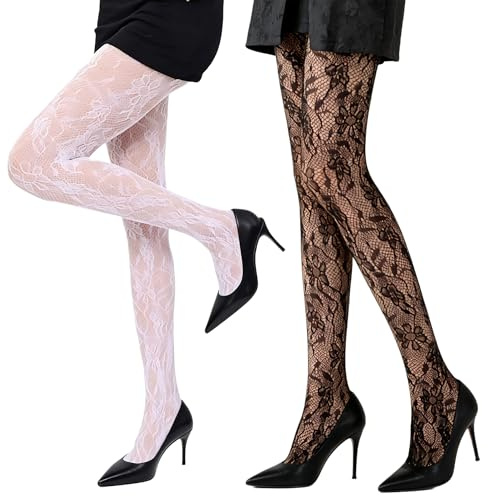 MOSIERRY 2 par spetstights svartvita mönstrade tights för kvinnor nätstrumpor för kvinnor halloween kostymer fester, Blommig, one size