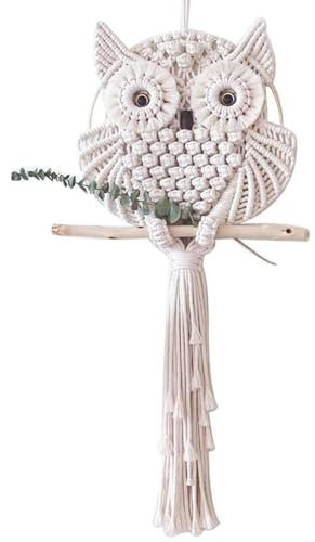 Jauhmui Bohemian Eulen Wanddekoration Handgewebt aus Baumwollseil und Holzstab Deko für Wohnzimmer Schlafzimmer oder Geschenk (S)