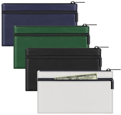 HAUTOCO 4 Stück Geldtaschen Banktasche, PU-Leder Zwei Taschen Geldmappe mit Reißverschluss für A5 Dokumententasche Geldscheintasche, Banktasche 28 x 15.5 cm für Geschäftlich Haushalt, Multicolor